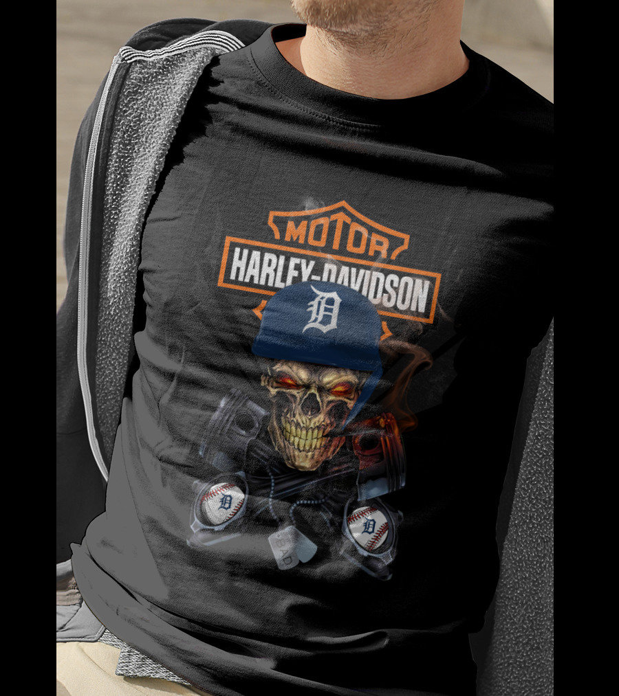 Harley Davidson Motor Detroit Tigers Baseball Skull T-Shirt