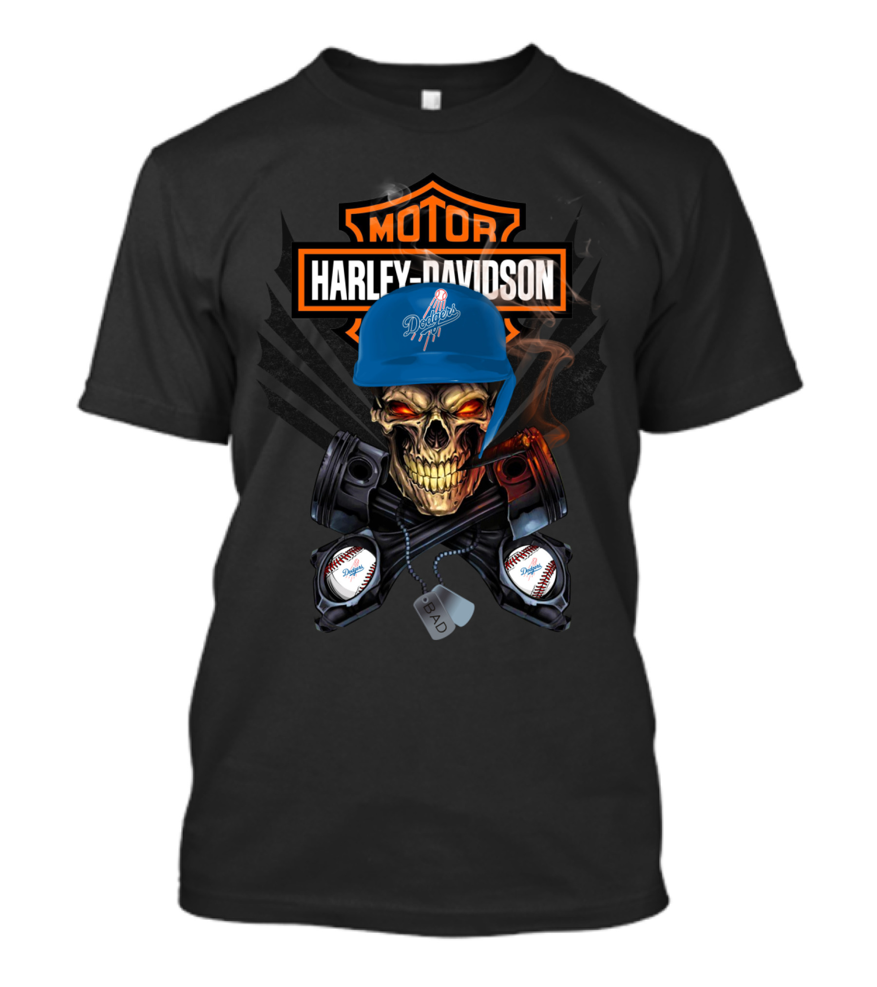 Harley Davidson Skull With Los Angeles Dodgers Cap And Baseball Motif T-Shirt