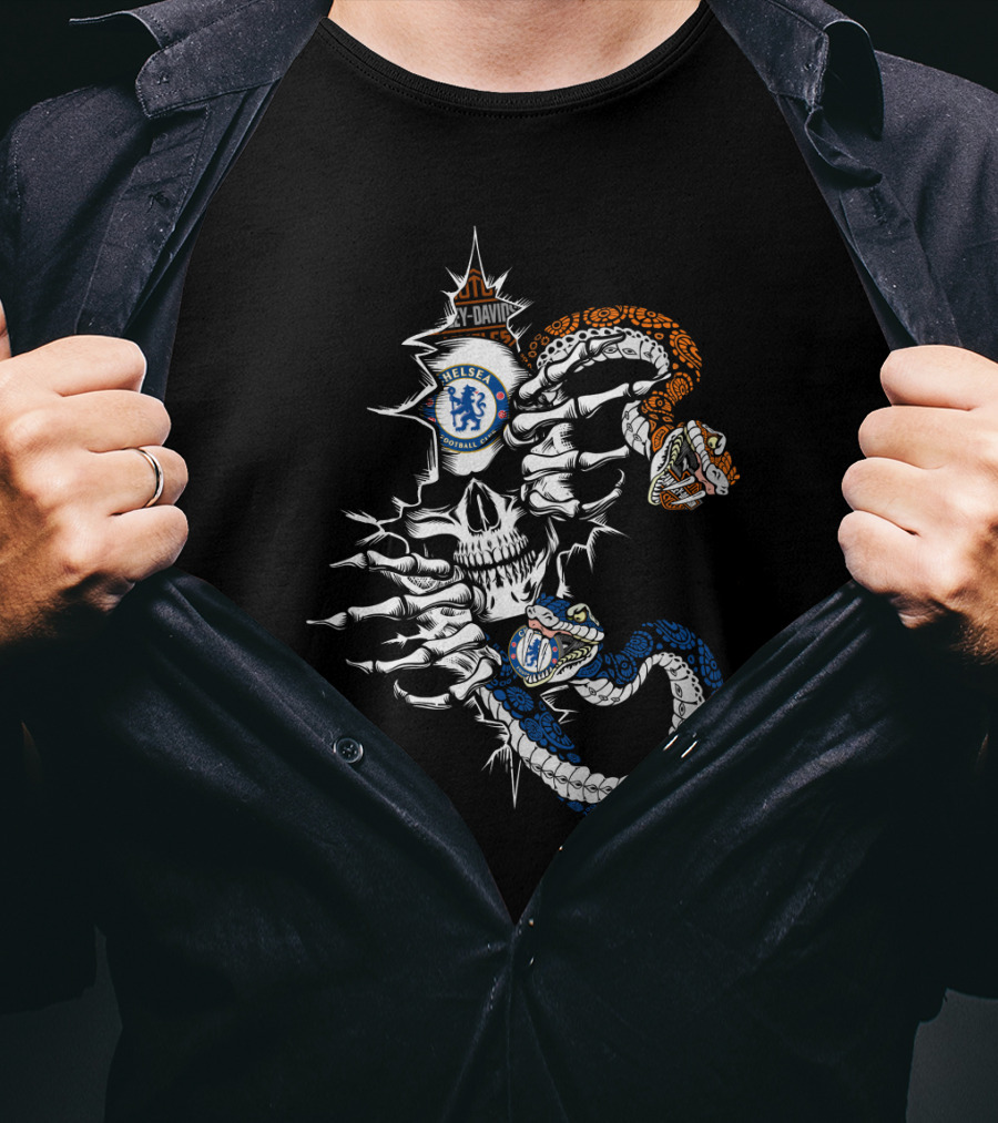 Chelsea Fc Harley Davidson Skull And Snakes T-Shirt
