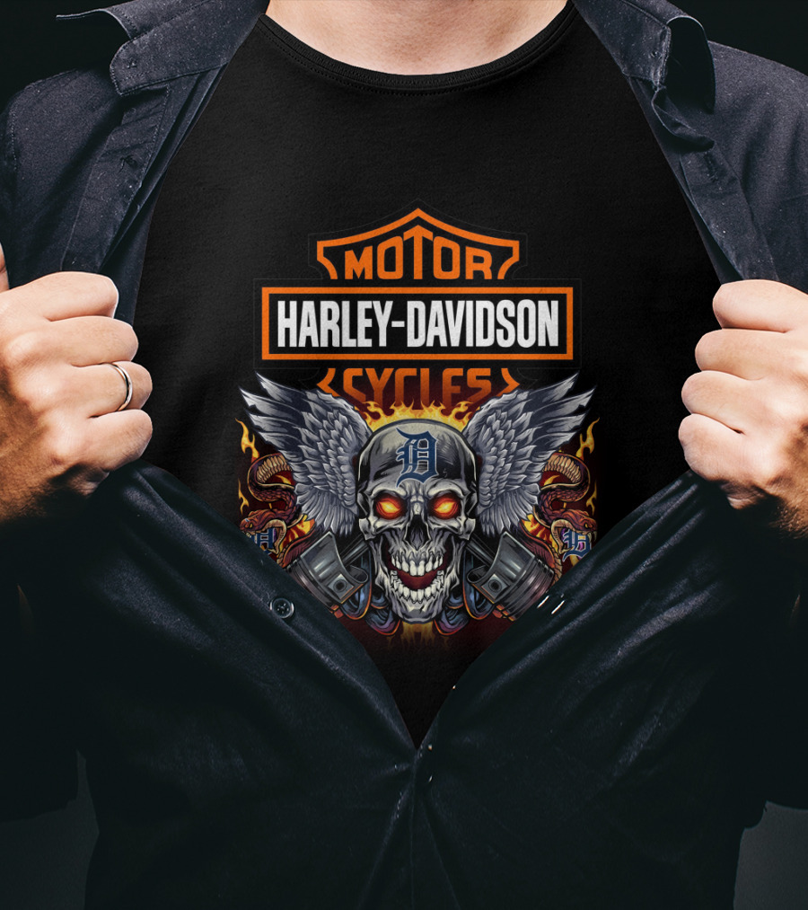 Harley Davidson Motor Cycles Winged Skull With Detroit Tigers Symbol T-Shirt