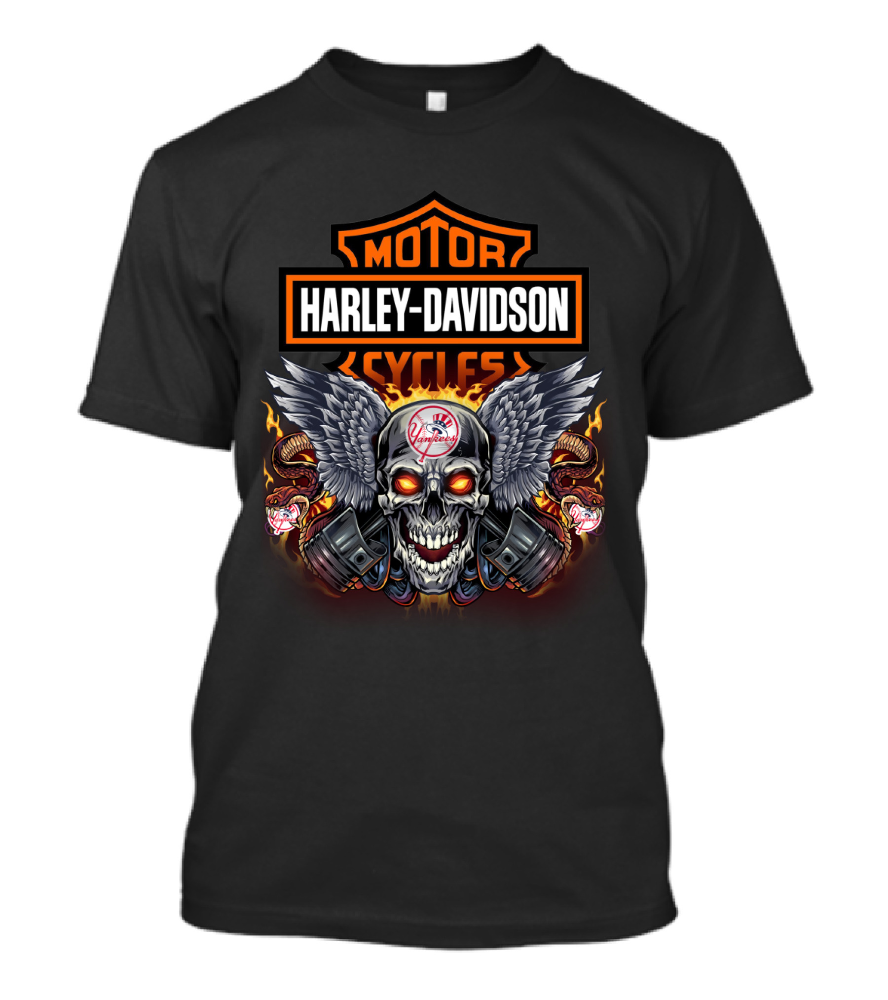 Harley Davidson Motorcycles Skull With Wings And New York Yankees T-Shirt