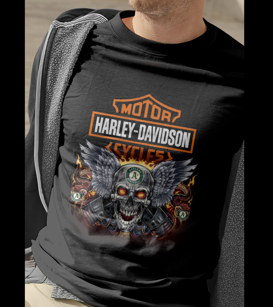 Harley Davidson Motor Cycles Oakland Athletics Winged Skull And Serpents T-Shirt