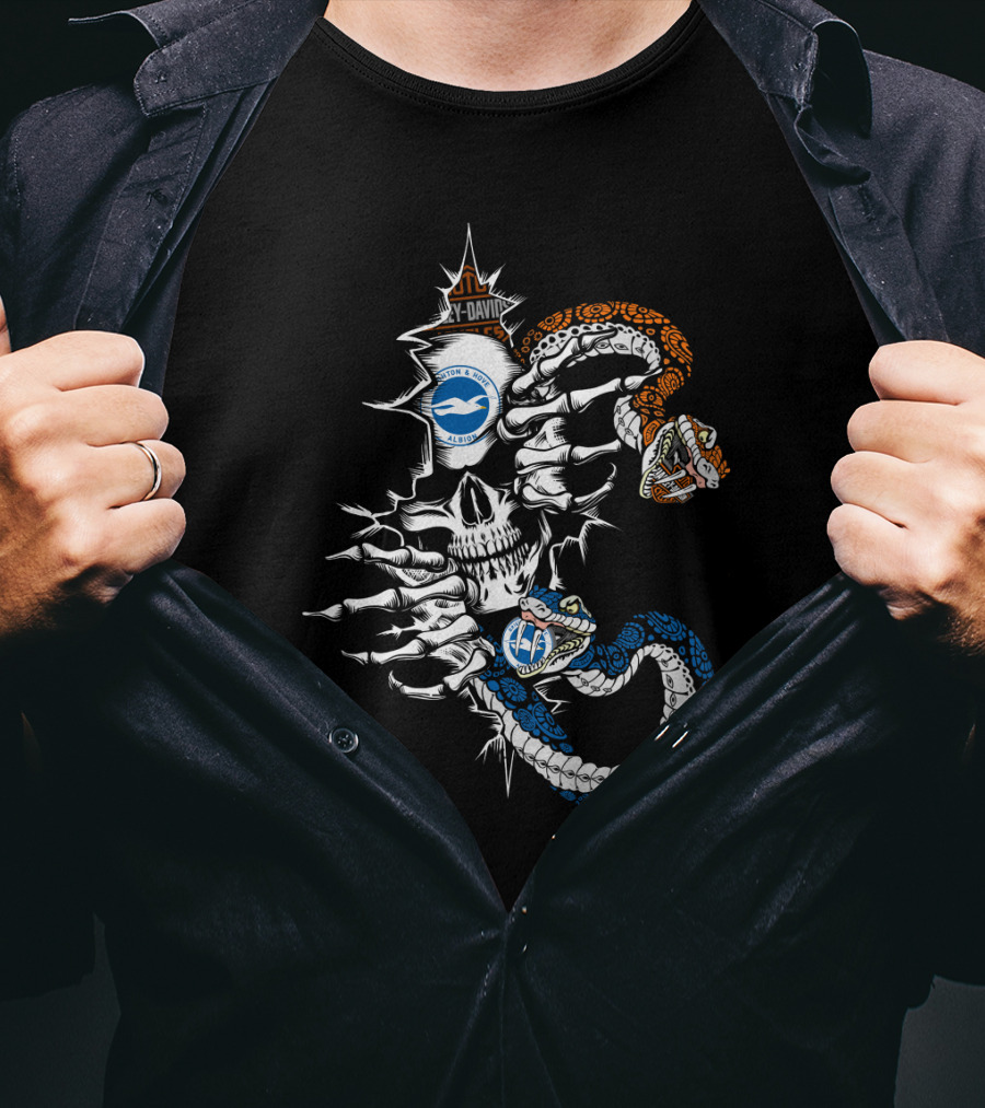 Skull With Snakes Brighton & Hove Albion Fc And Harley Davidson Elements T-Shirt