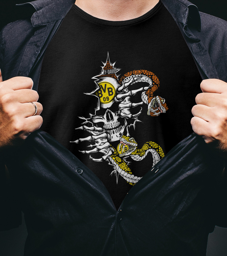 Bvb 09 Skull With Snake And Harley Davidson T-Shirt
