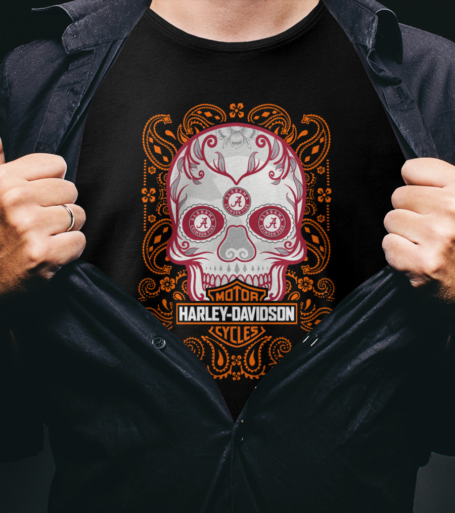 Harley Davidson Motor Cycles Skull Art With Orange Paisley Border T-Shirt