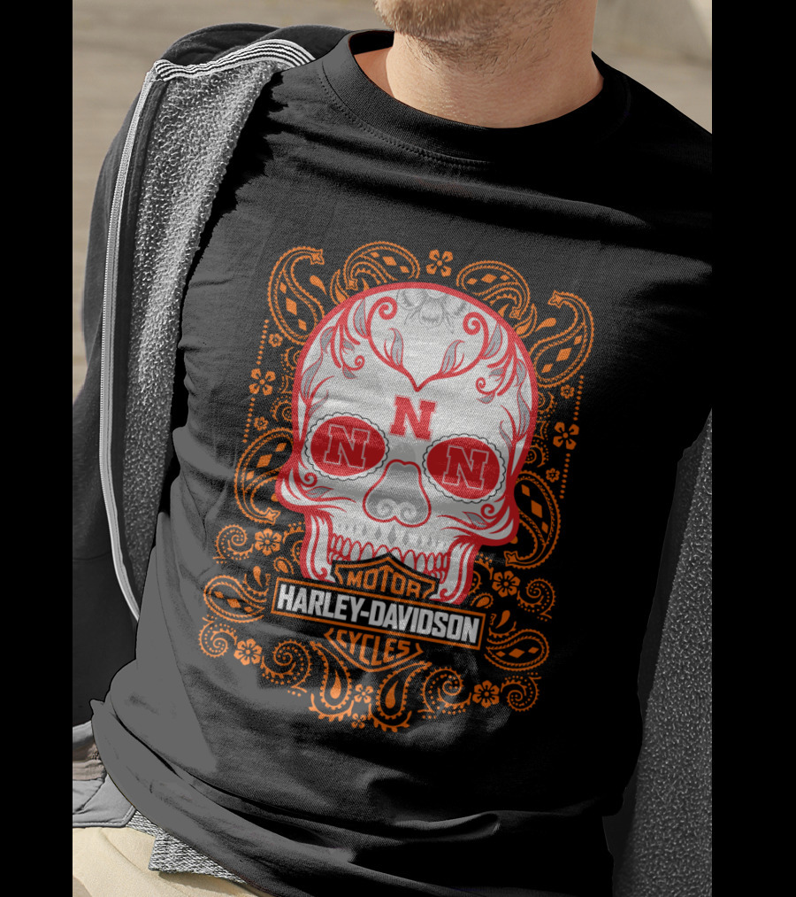 Harley Davidson Motorcycles Nebraska Ncaa Skull T-Shirt