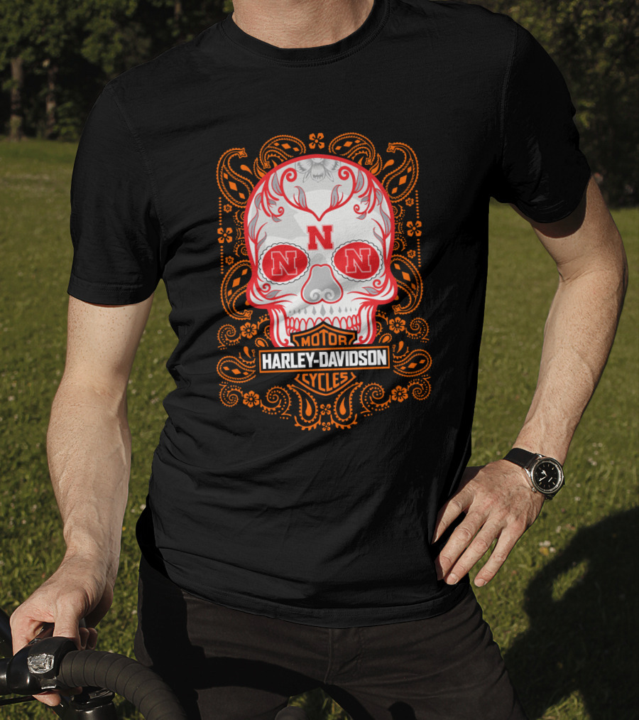 Harley Davidson Motorcycles Nebraska Ncaa Skull T-Shirt