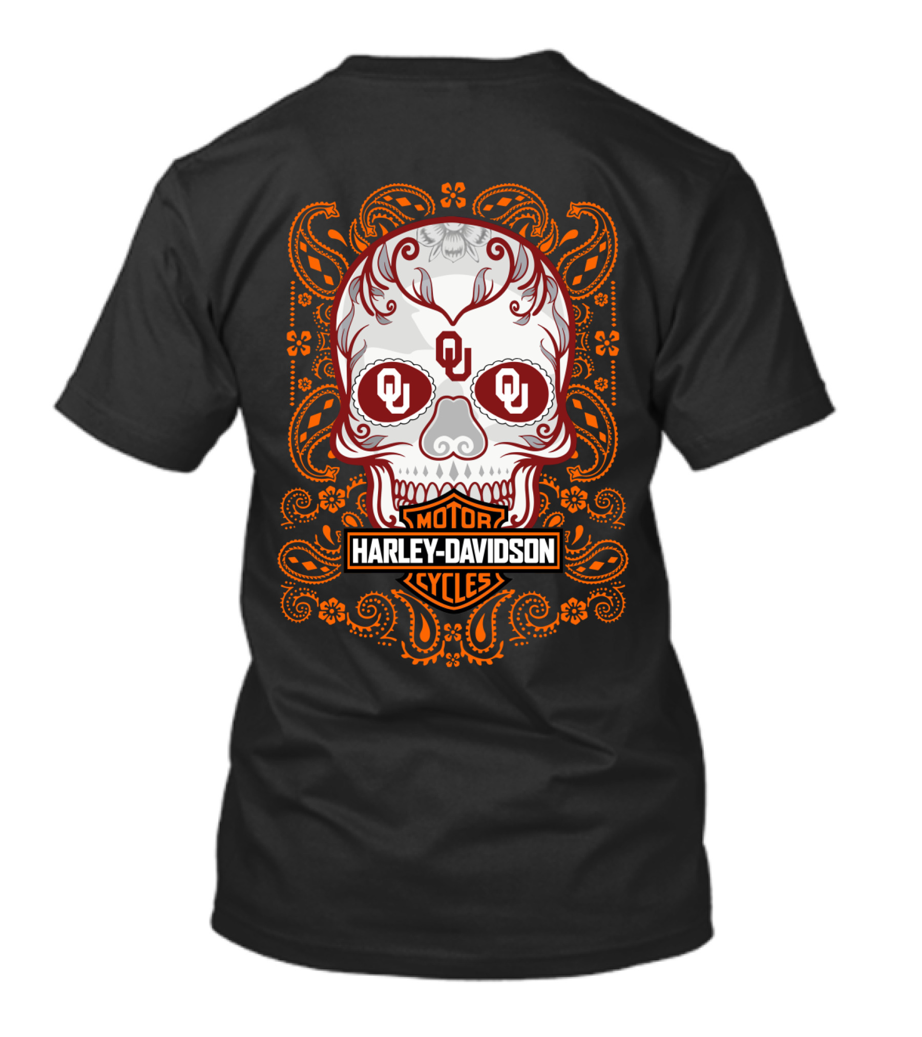 Harley Davidson Ou Skull Design With Paisley Accents T-Shirt