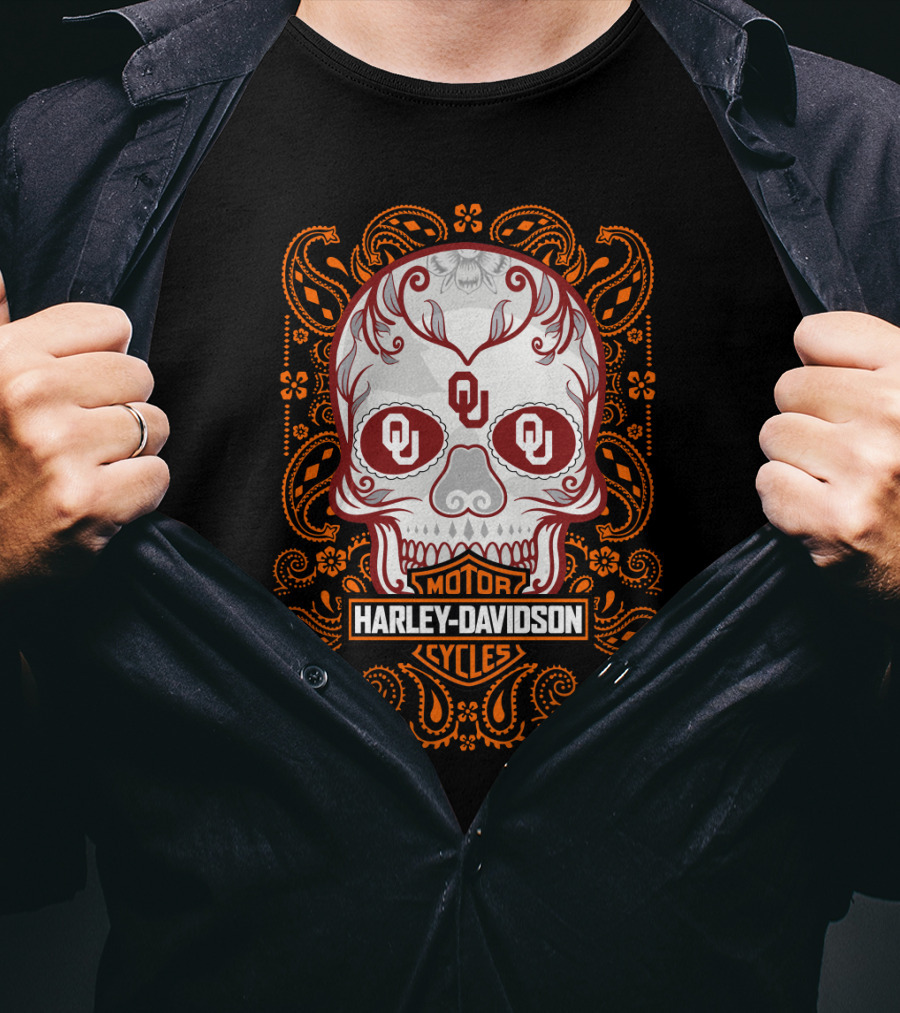 Harley Davidson Ou Skull Design With Paisley Accents T-Shirt