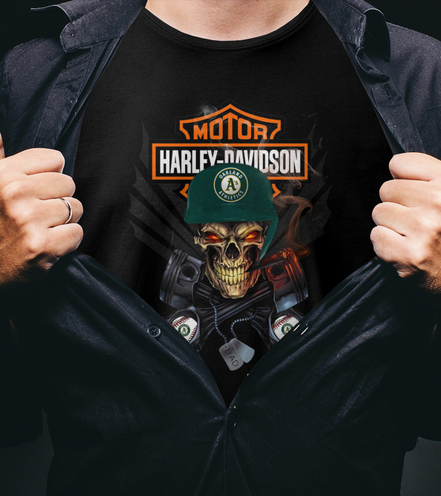 Harley Davidson Oakland Athletics Skull Motor Bad As Baseball Pistons T-Shirt