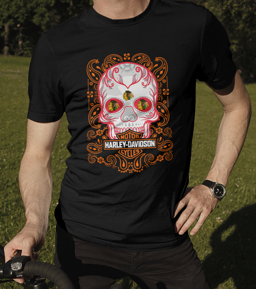 Harley Davidson Motor Cycles Nhl Chicago Blackhawks Skull Design 102 T-Shirt