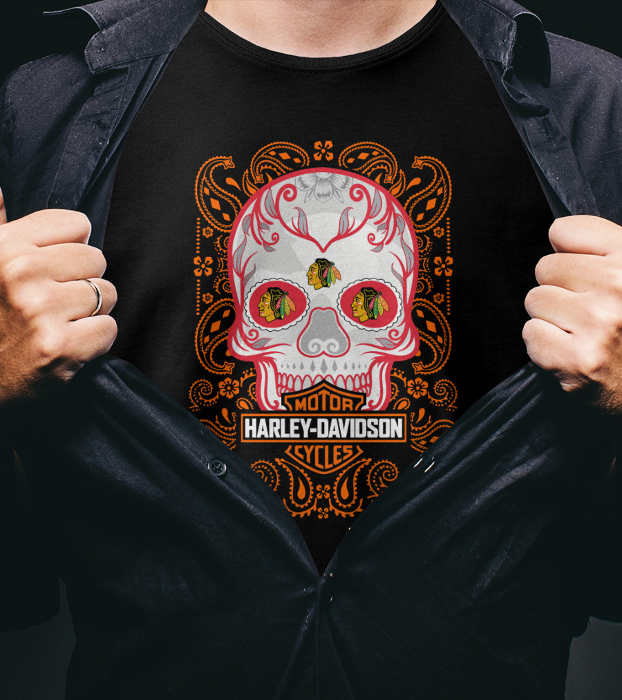 Harley Davidson Motor Cycles Nhl Chicago Blackhawks Skull Design 102 T-Shirt