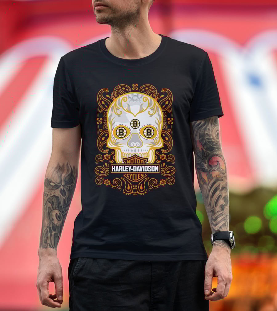 Harley Davidson Motor Cycles Boston Bruins Nhl Sugar Skull T-Shirt