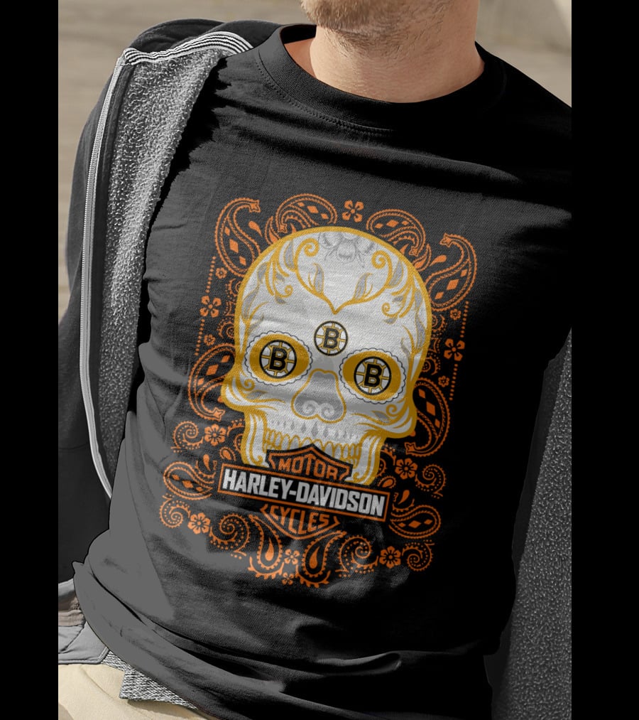 Harley Davidson Motor Cycles Boston Bruins Nhl Sugar Skull T-Shirt
