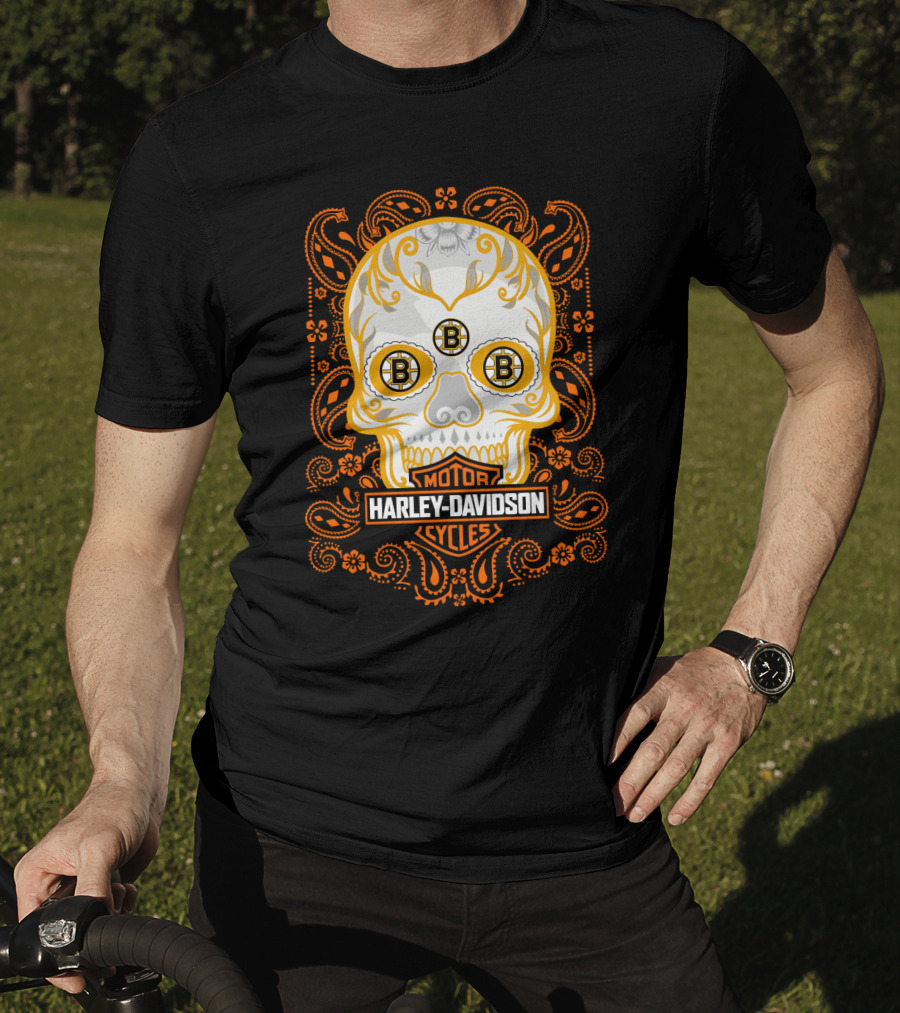 Harley Davidson Motor Cycles Boston Bruins Nhl Sugar Skull T-Shirt