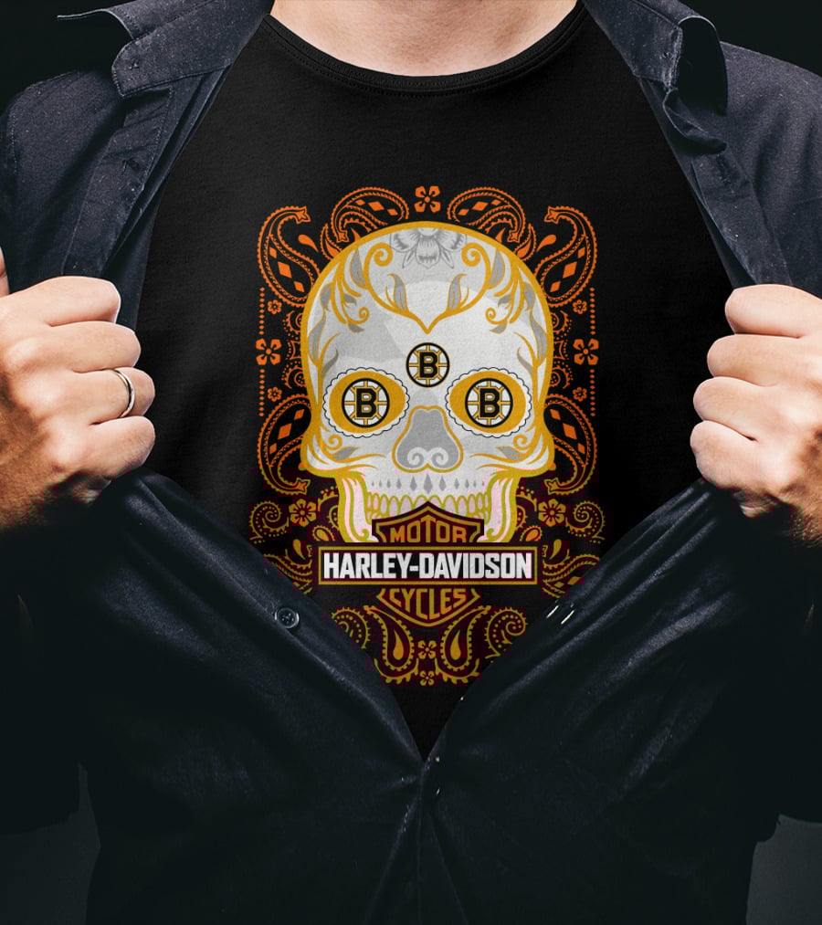 Harley Davidson Motor Cycles Boston Bruins Nhl Sugar Skull T-Shirt
