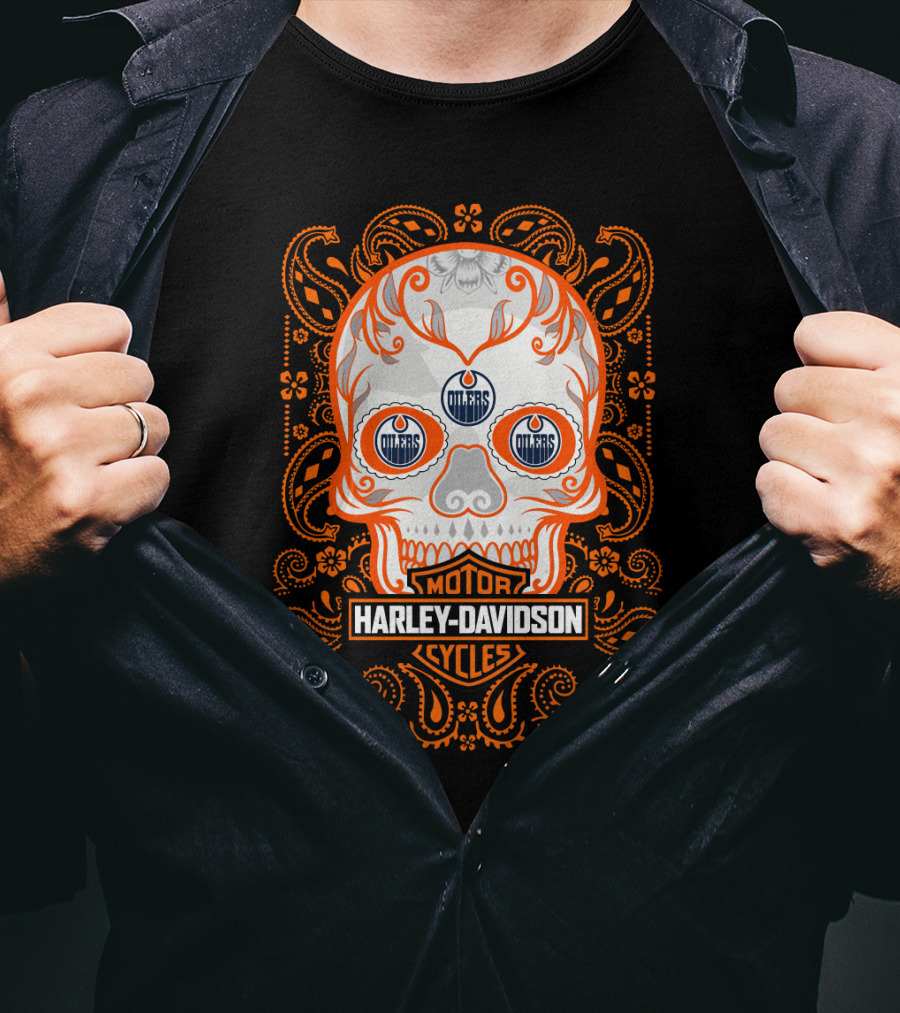 Harley Davidson Motor Cycles Oilers Nhl Skull T-Shirt