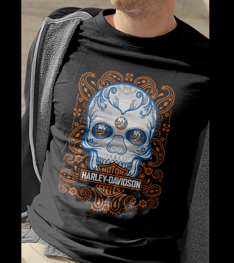 New York Islanders Harley Davidson Skull Motorcycles T-Shirt
