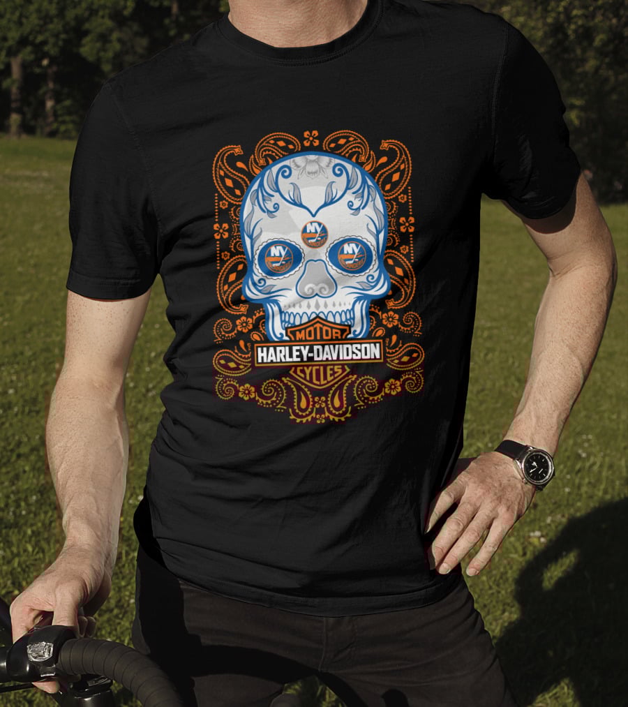 New York Islanders Harley Davidson Skull Motorcycles T-Shirt