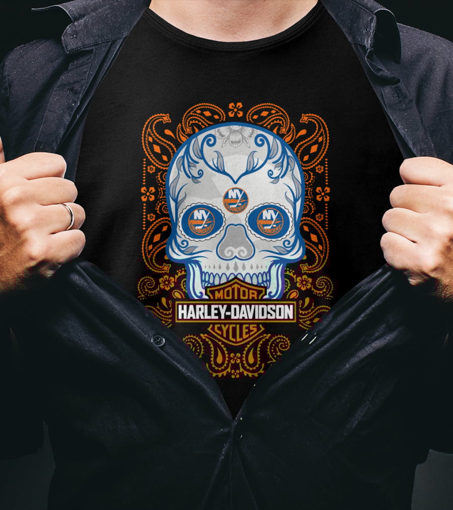 New York Islanders Harley Davidson Skull Motorcycles T-Shirt