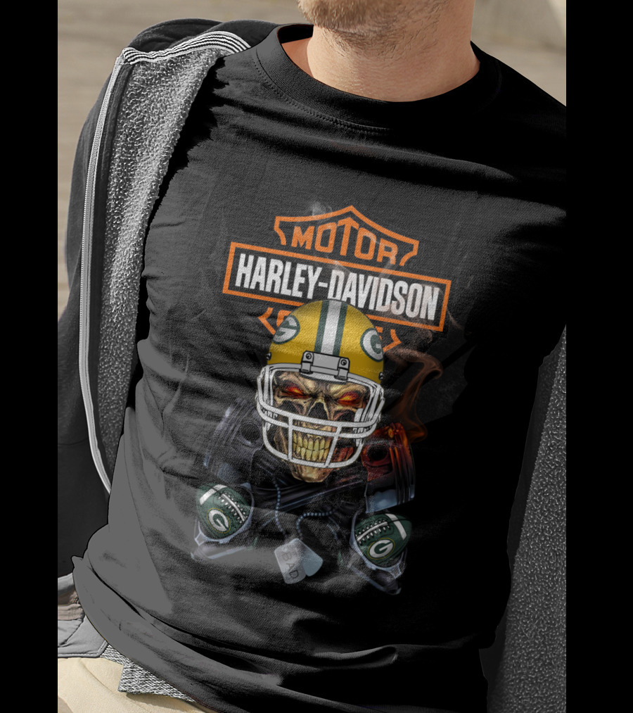 Green Bay Packers Harley Davidson Skeleton Piston Smoke T-Shirt