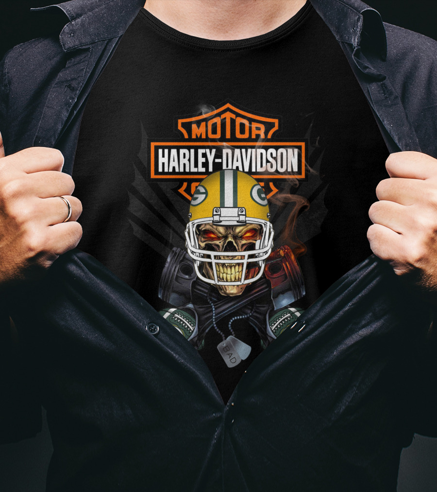 Green Bay Packers Harley Davidson Skeleton Piston Smoke T-Shirt
