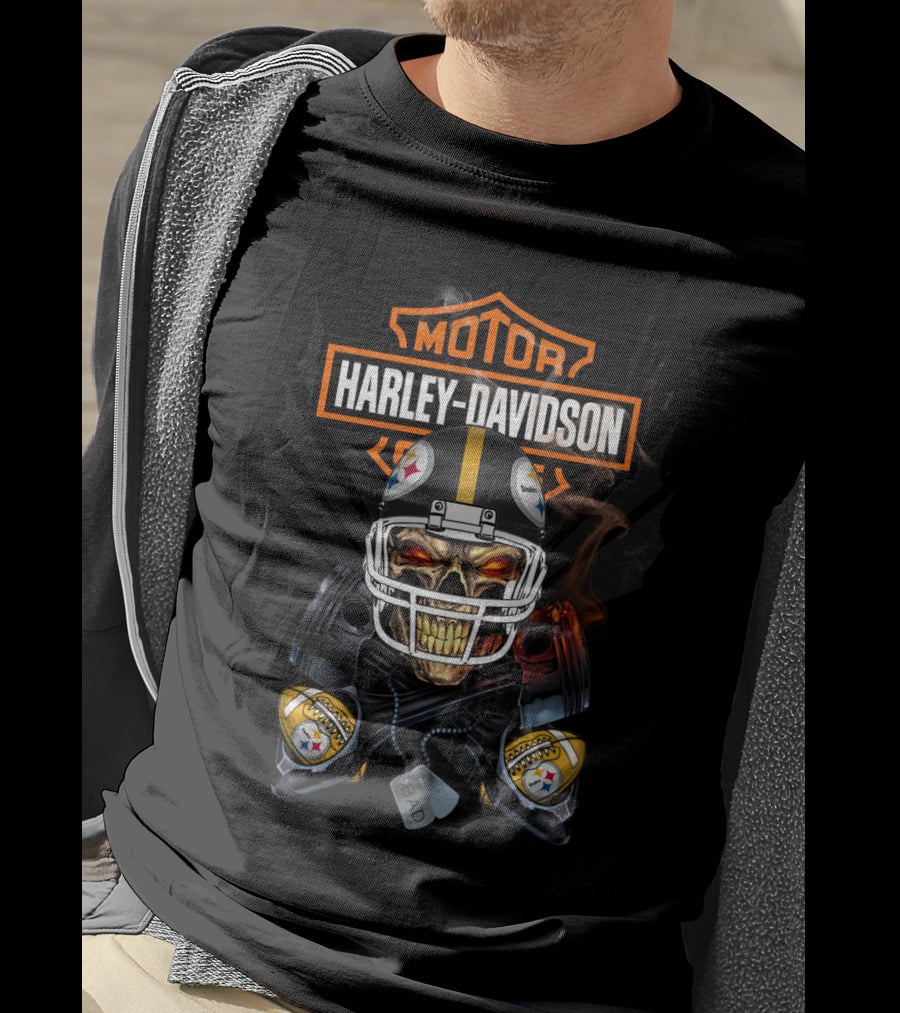 Harley Davidson Pittsburgh Steelers Skeleton Helmet Bad Dog Tags T-Shirt
