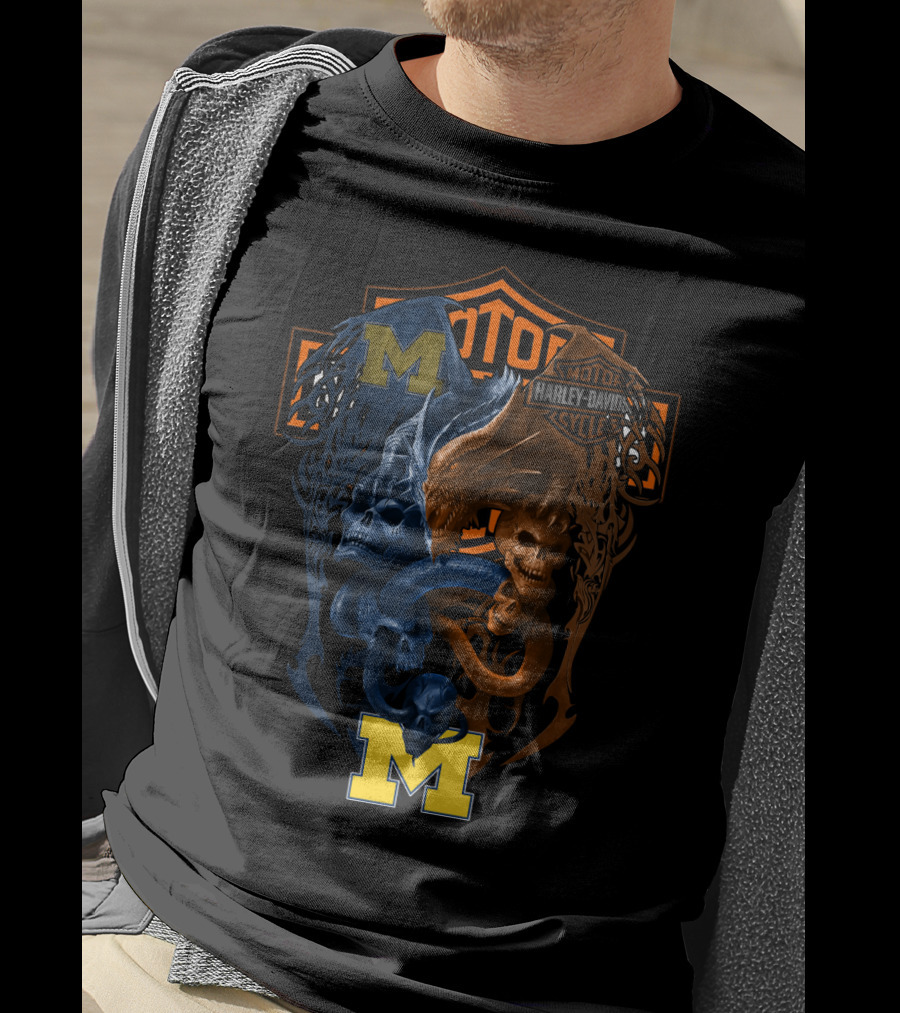 M Michigan Harley Davidson Skull And Dragon Crest T-Shirt