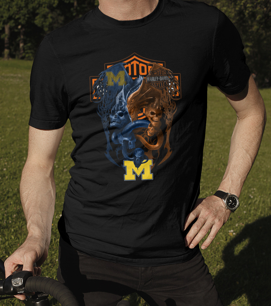 M Michigan Harley Davidson Skull And Dragon Crest T-Shirt