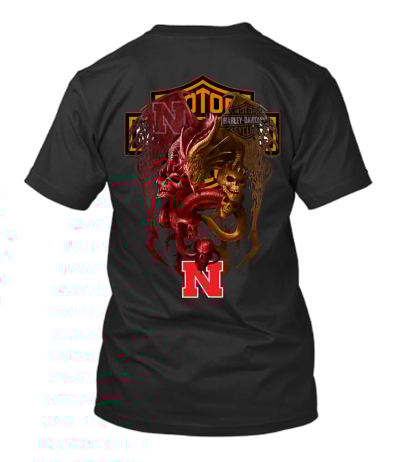 Ncaa Nebraska Red 'N' With Harley Davidson Skull And Serpents T-Shirt