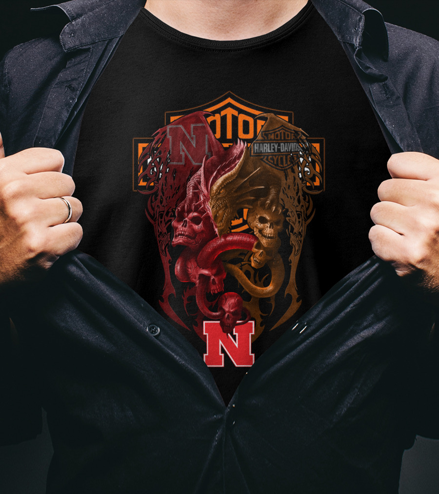 Ncaa Nebraska Red 'N' With Harley Davidson Skull And Serpents T-Shirt