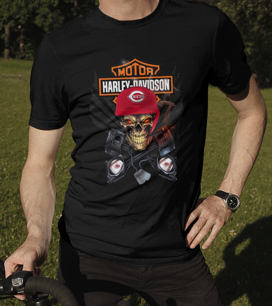Harley Davidson Cincinnati Reds Skull And Pistons T-Shirt