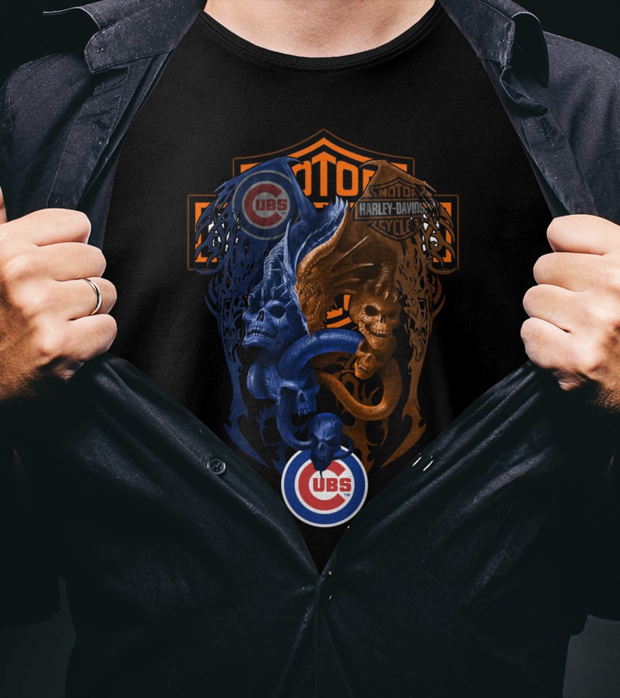 Mlb Cubs Harley Davidson Dual Skull Serpent T-Shirt