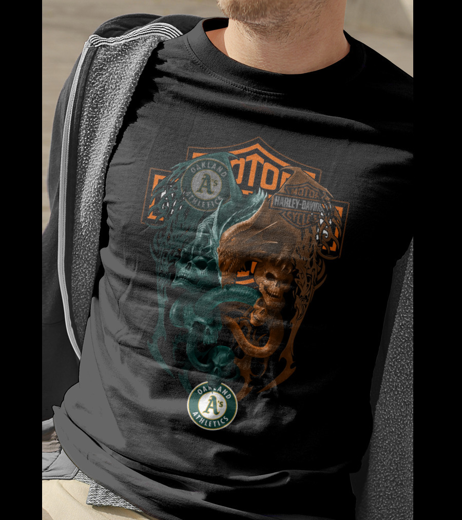 Oakland Athletics Harley Davidson Motorcycles Dual Skull Serpents T-Shirt