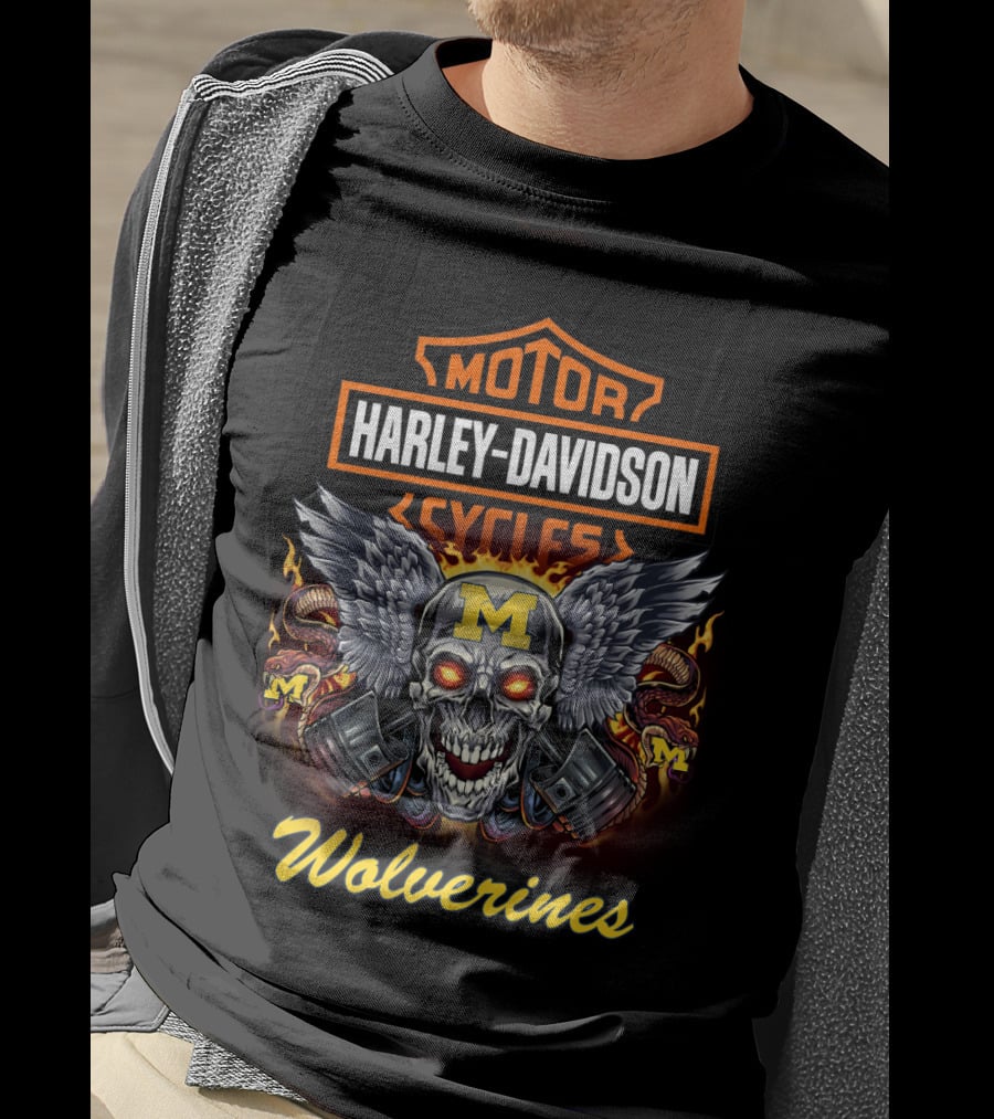 Harley Davidson Motor Cycles Michigan Wolverines Skull Wings T-Shirt