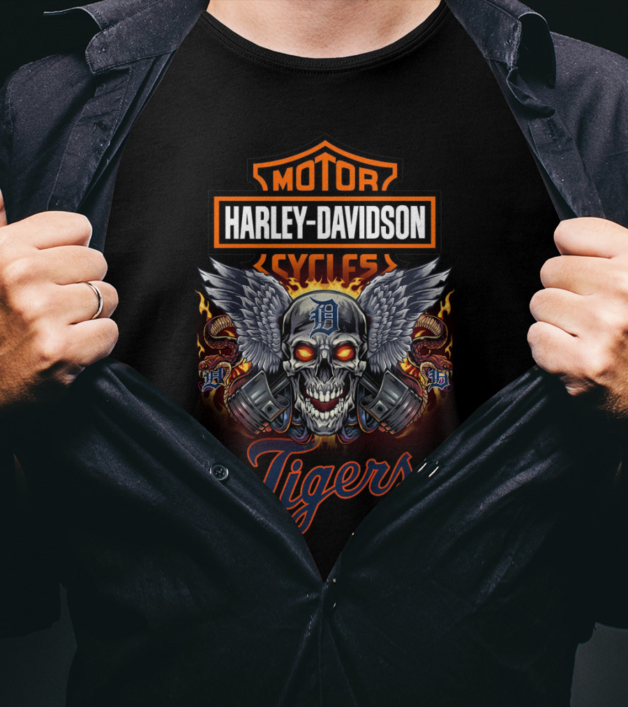 Harley Davidson Motor Cycles Detroit Tigers Skull Wings T-Shirt