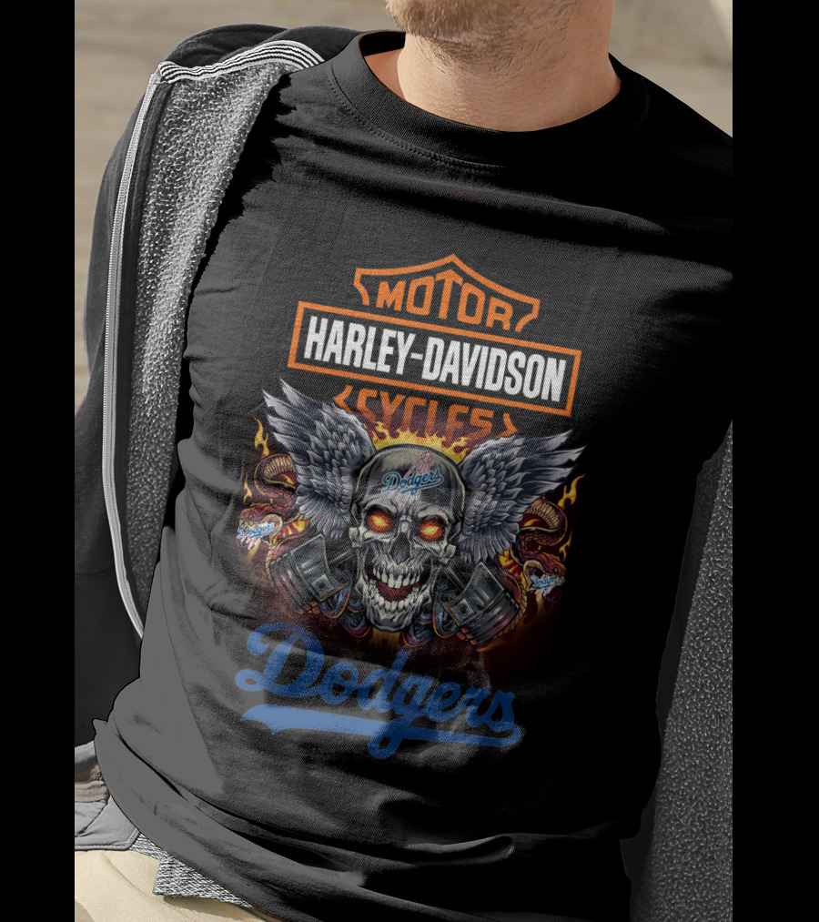 Motor Harley Davidson Cycles Dodgers Skull Wings Flames T-Shirt