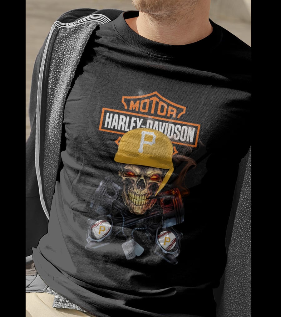 Pittsburgh Pirates Harley Davidson Skull Baseball Motif T-Shirt
