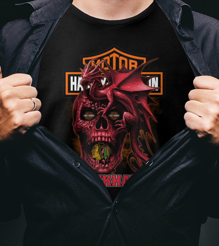 Chicago Blackhawks Red Dragon Skull With Harley Davidson Styles T-Shirt