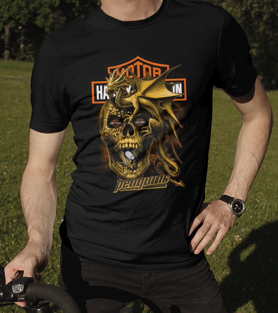 Pittsburgh Penguins Motor Harley Davidson Cycles Dragon Skull T-Shirt