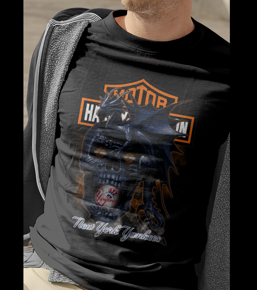 Motor Harley Davidson Cycles New York Yankees Dragon Skull T-Shirt