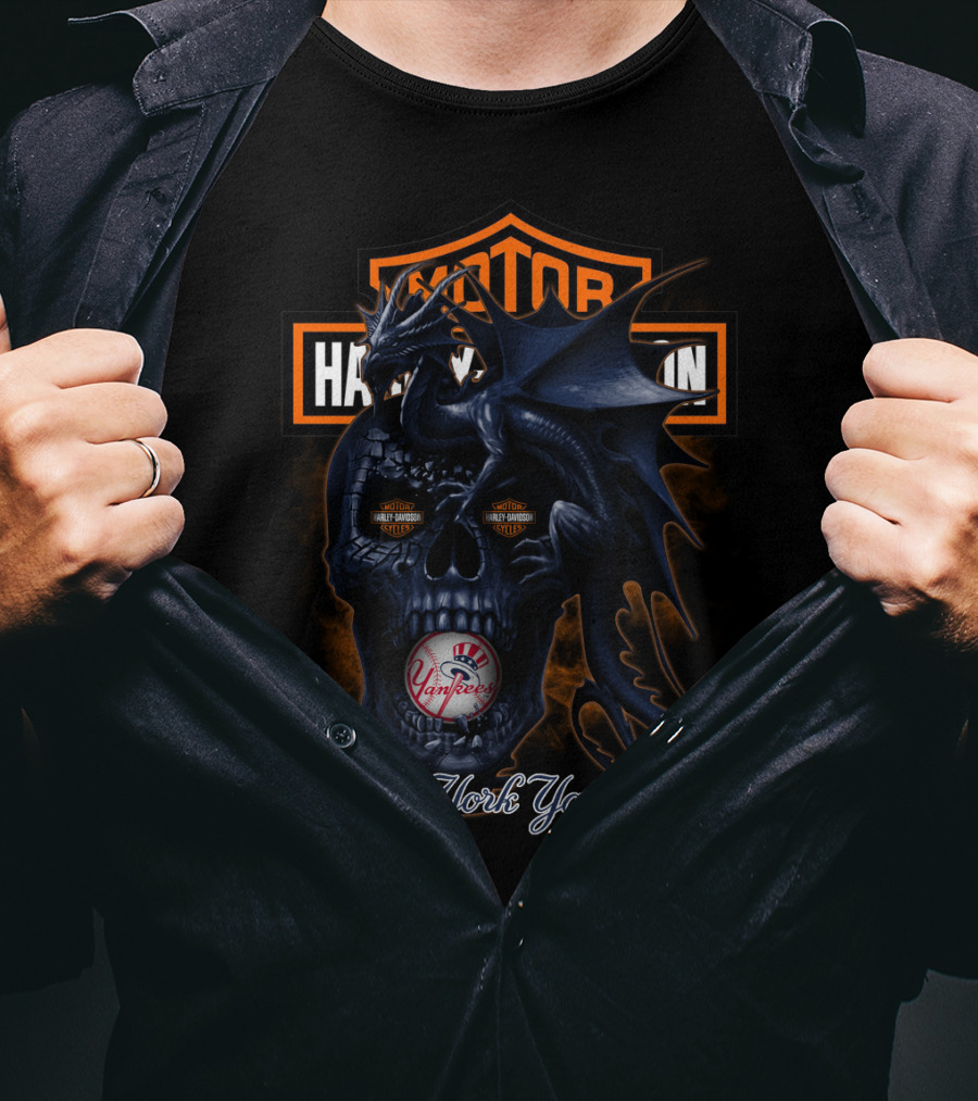 Motor Harley Davidson Cycles New York Yankees Dragon Skull T-Shirt