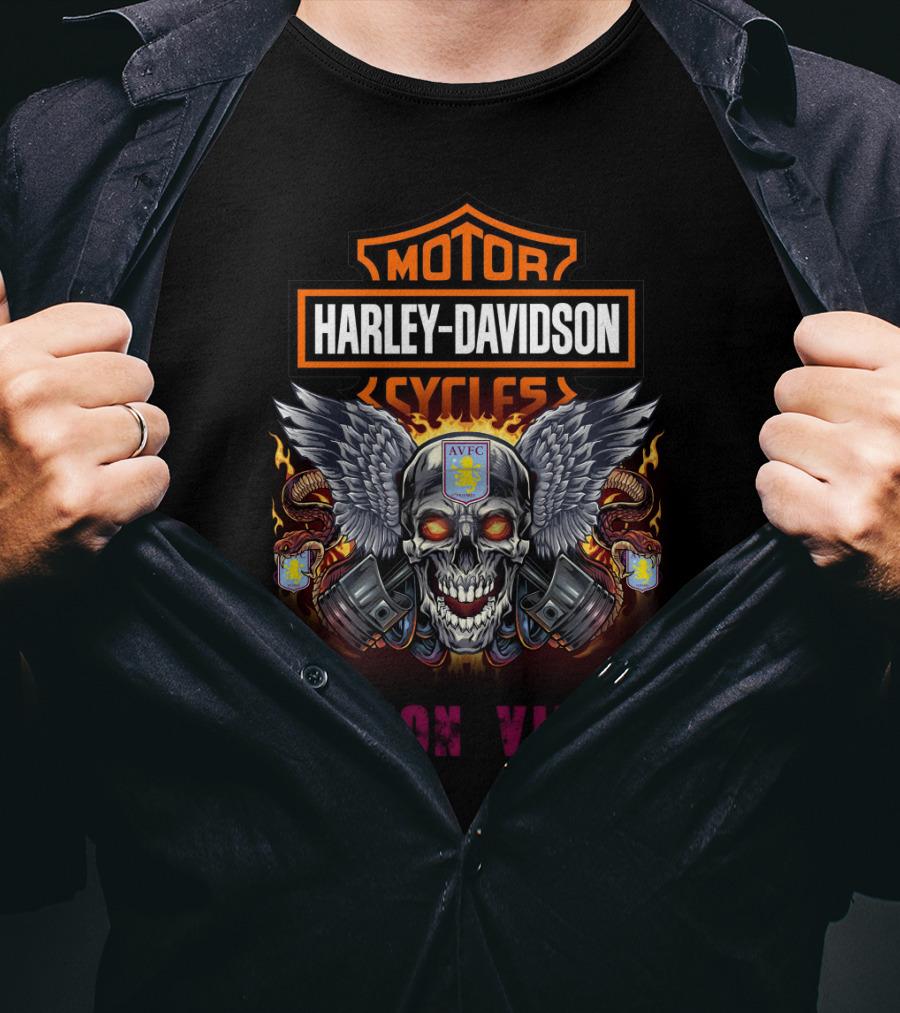 Harley Davidson Motor Cycles Aston Villa Avfc Skull Wings T-Shirt