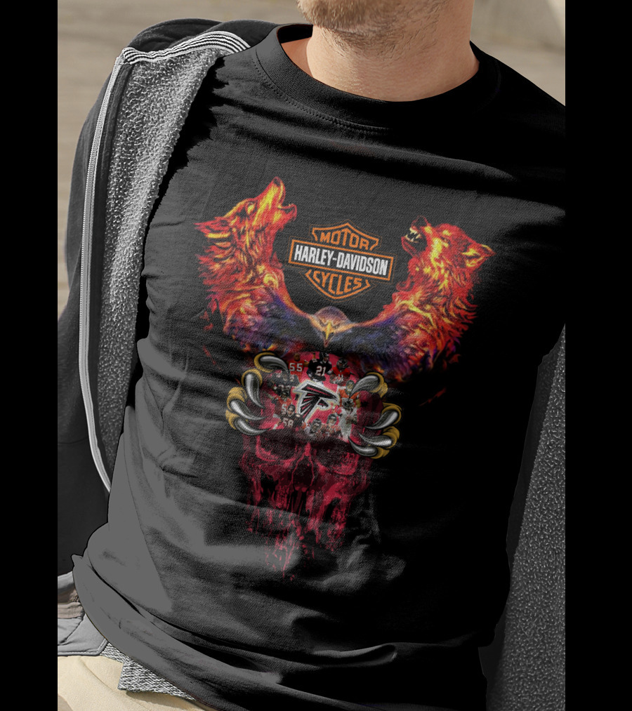 Harley Davidson Atlanta Falcons Skull With Wolves And Eagle T-Shirt