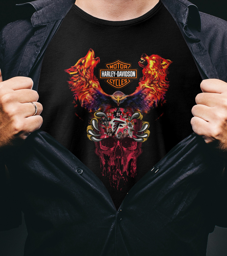Harley Davidson Atlanta Falcons Skull With Wolves And Eagle T-Shirt
