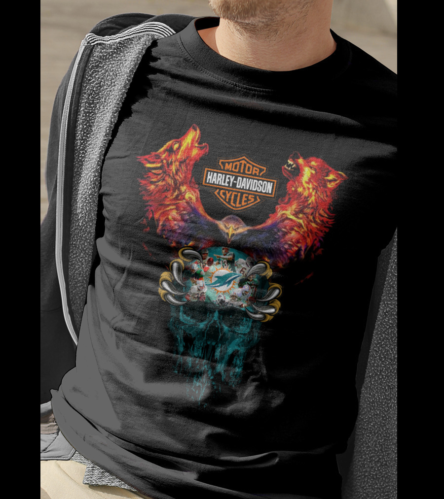 Harley Davidson Motor Cycles Miami Dolphins Wolves And Skull T-Shirt