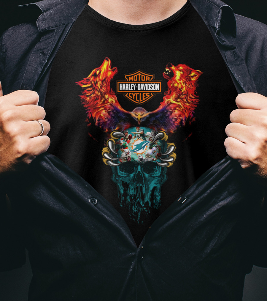 Harley Davidson Motor Cycles Miami Dolphins Wolves And Skull T-Shirt