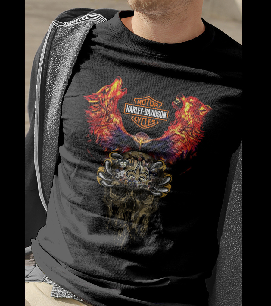 Harley Davidson Cycles With Wolves And New Orleans Saints Skull T-Shirt