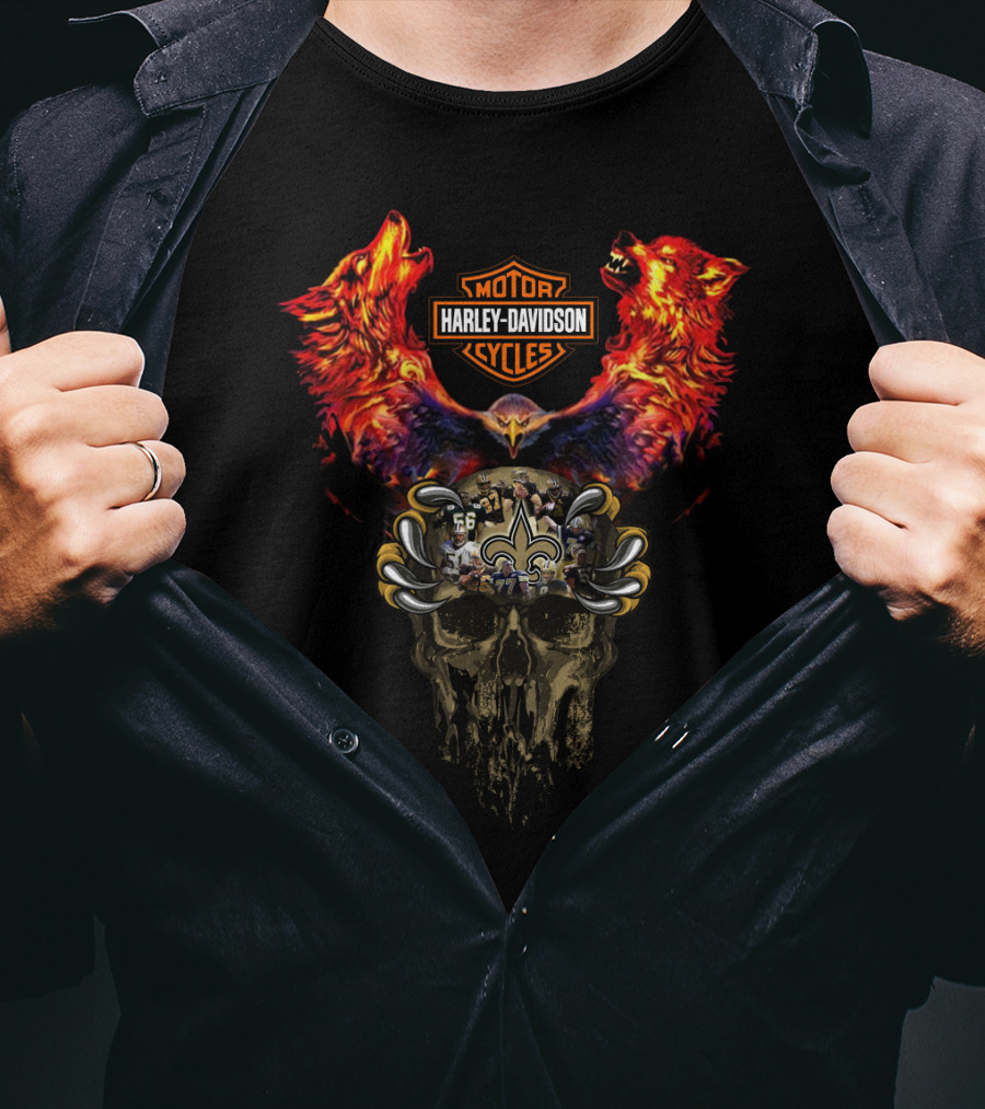 Harley Davidson Cycles With Wolves And New Orleans Saints Skull T-Shirt