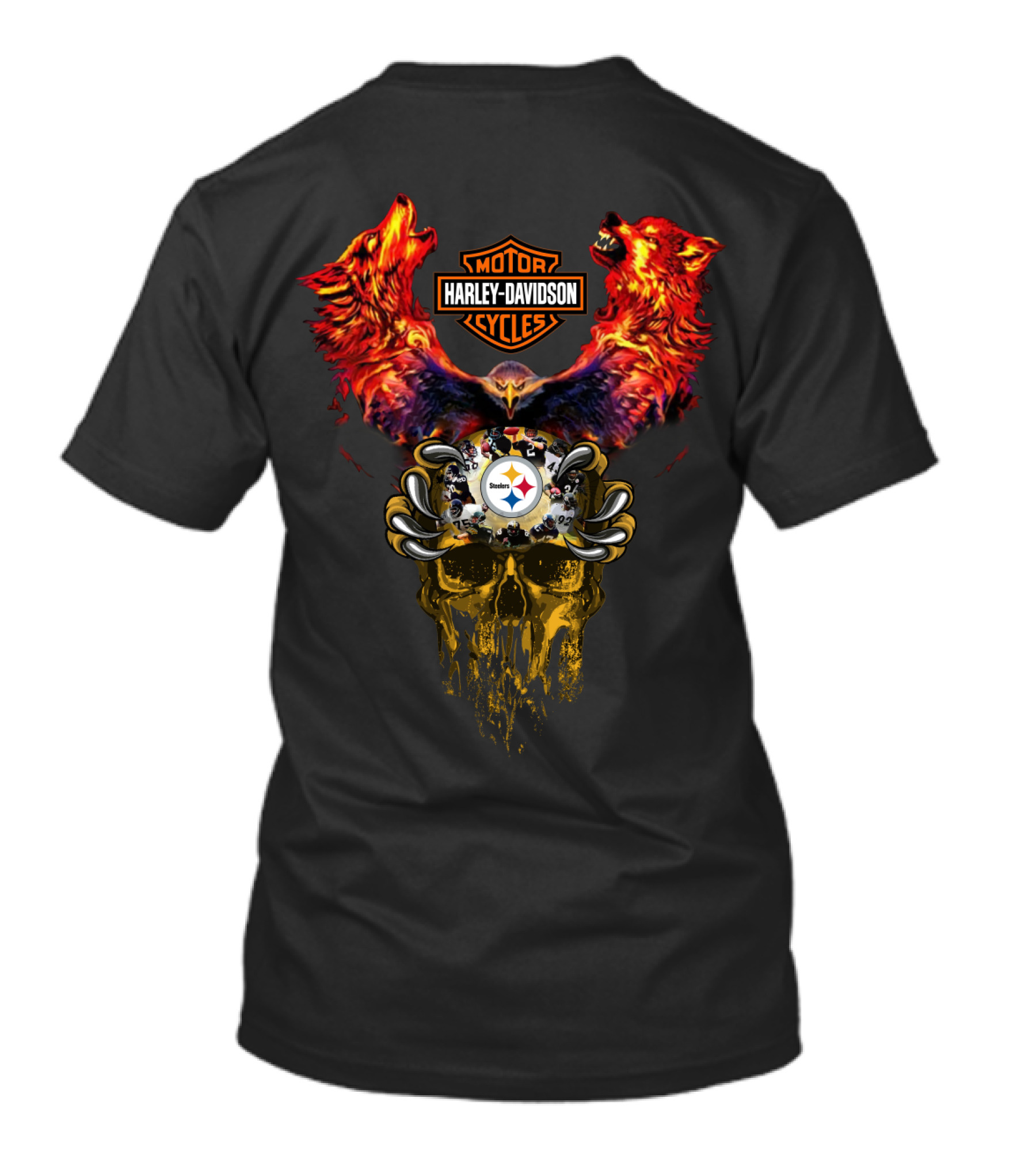 Harley Davidson Motor Cycles Pittsburgh Steelers Wolf Skull T-Shirt